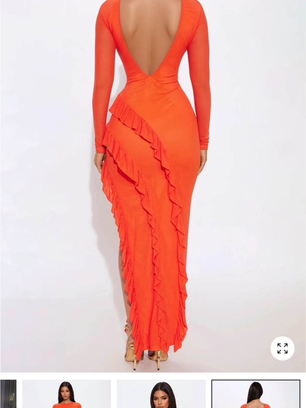 Fashion Nova Orange Long-Sleeve Ruffle Asymmetrical Maxi Dress - Picture 2 of 4